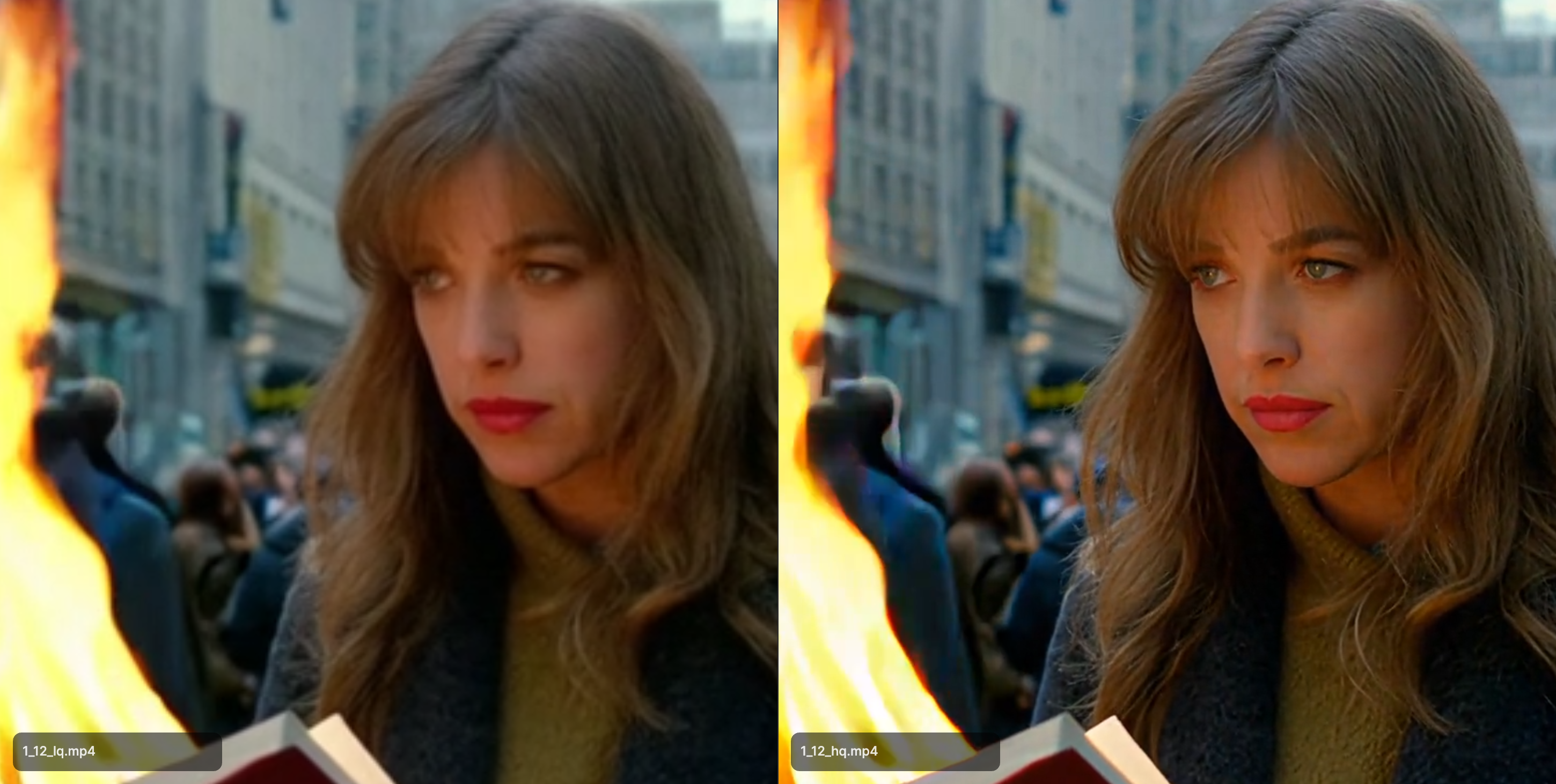 TwinLens snapshot of a paused video comparison — side-by-side view showing open eyes in both the reference and SeedVR2 output